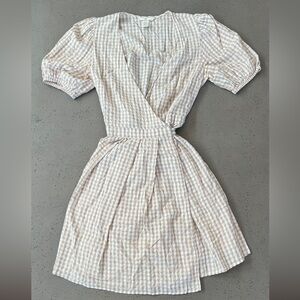 H&M Beige and White Gingham Mini Wrap Dress